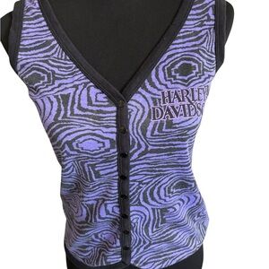 Vintage Harley Davidson Women’s L Animal Print Tank Top Snap Front Purple Biker
